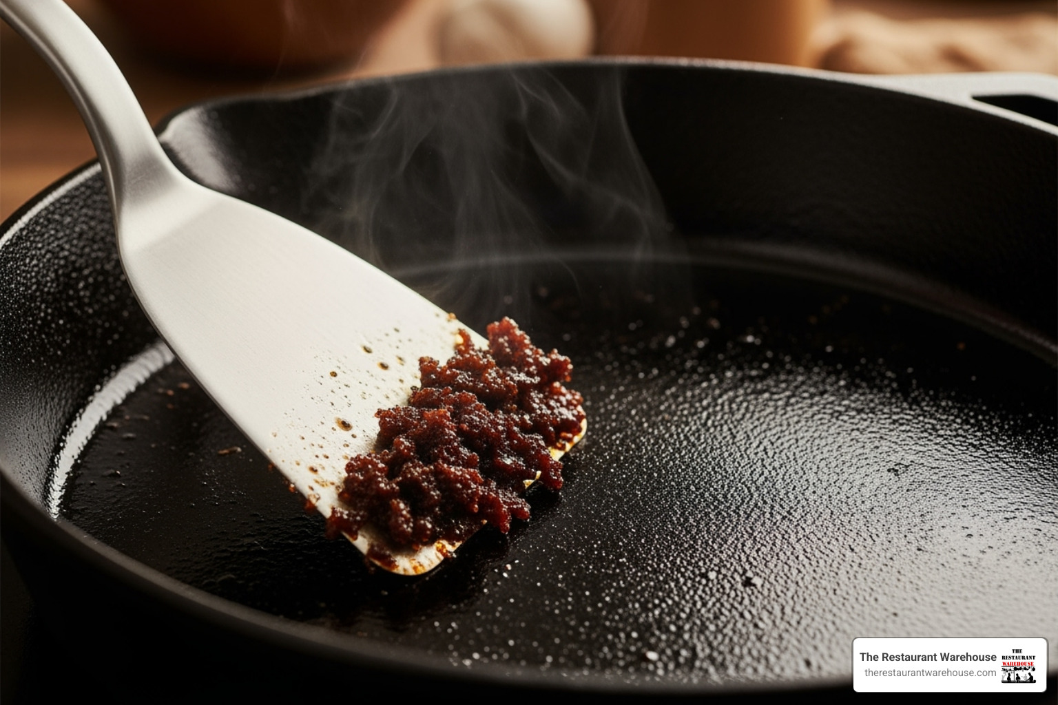 stainless steel spatula scraping fond from a cast iron pan - Stainless steel spatulas