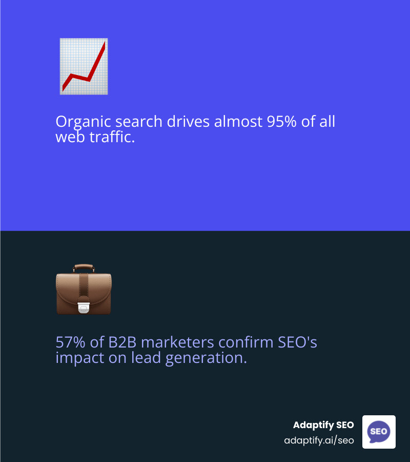 Infographic showing SEO proposal benefits: 95% of traffic from organic search, 57% of B2B marketers see lead generation impact, streamlined client acquisition process, and professional presentation leading to higher close rates - seo proposal sample pdf infographic 2_facts_emoji_blue