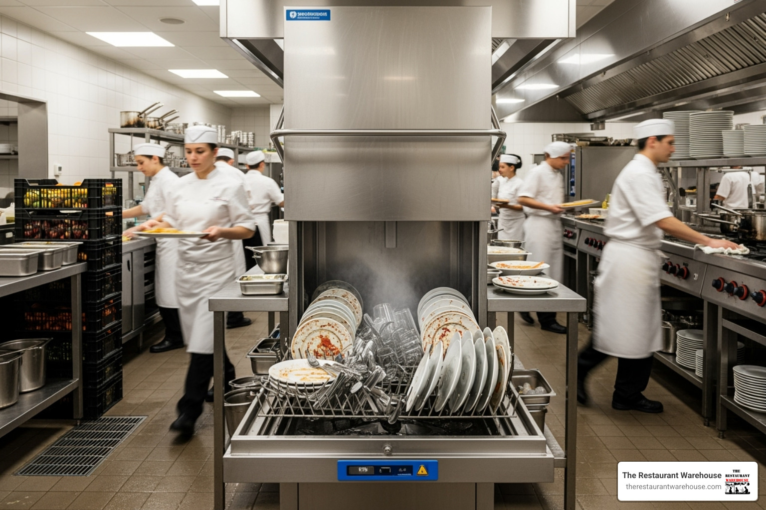 Door-type rack dishwasher with booster heater and clean/soiled dishtable workflow