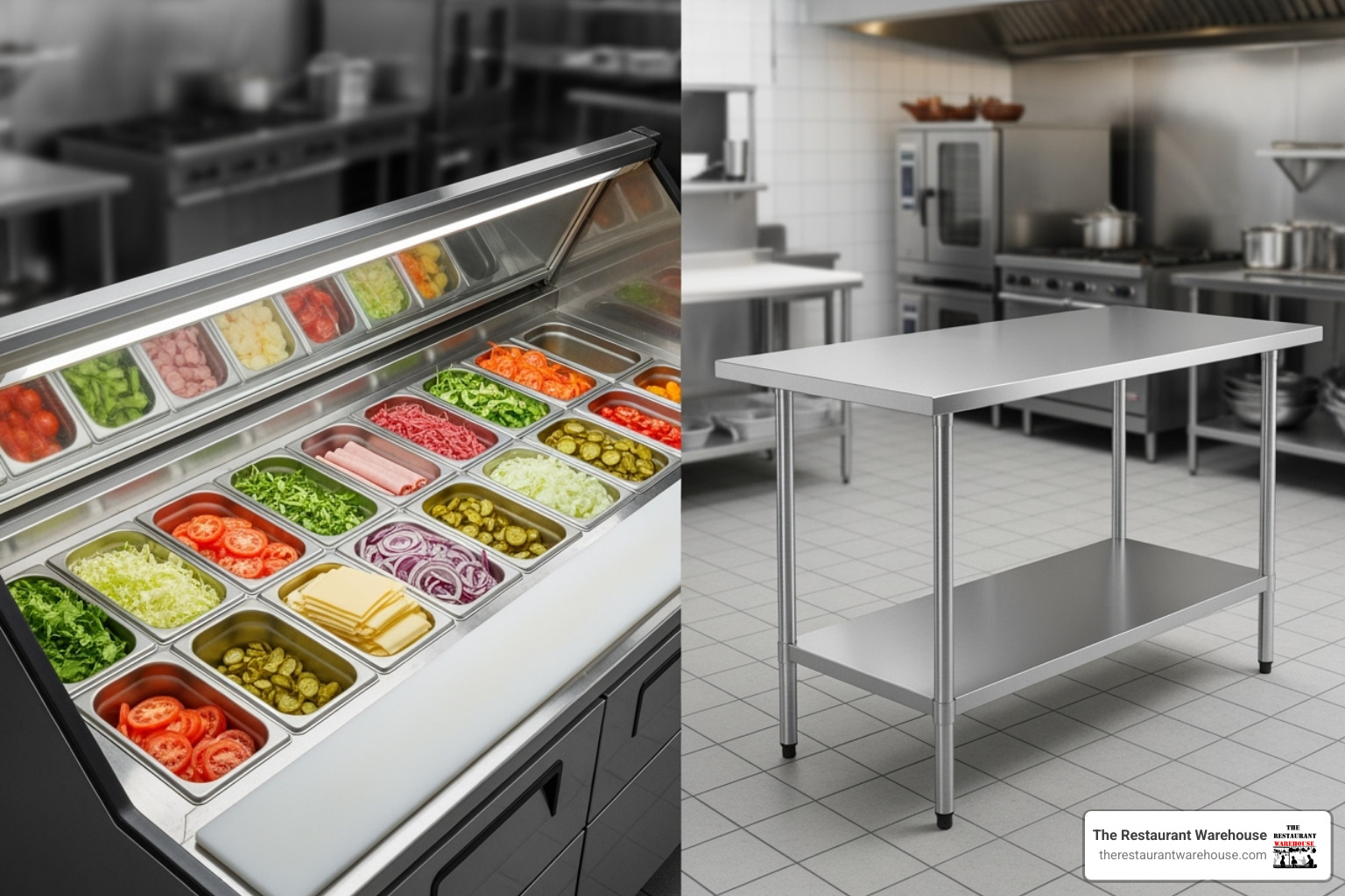 A side-by-side comparison of a refrigerated sandwich prep table with ingredient pans on top and a simple stainless steel work table with an undershelf. - commercial prep station A side-by-side comparison of a refrigerated sandwich prep table with ingredient pans on top and a simple stainless steel work table with an undershelf. - commercial prep station