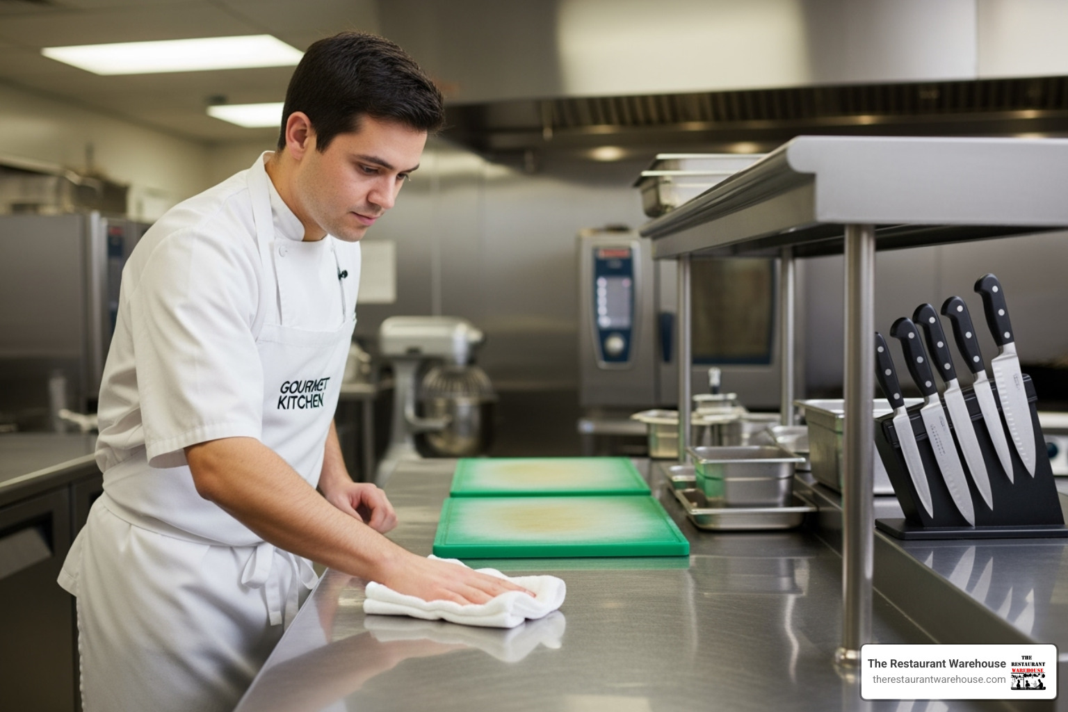 A chef in a clean apron wiping down the stainless steel surface of a commercial prep station with a cloth, illustrating the importance of daily cleanliness and maintenance. - commercial prep station A chef in a clean apron wiping down the stainless steel surface of a commercial prep station with a cloth, illustrating the importance of daily cleanliness and maintenance. - commercial prep station