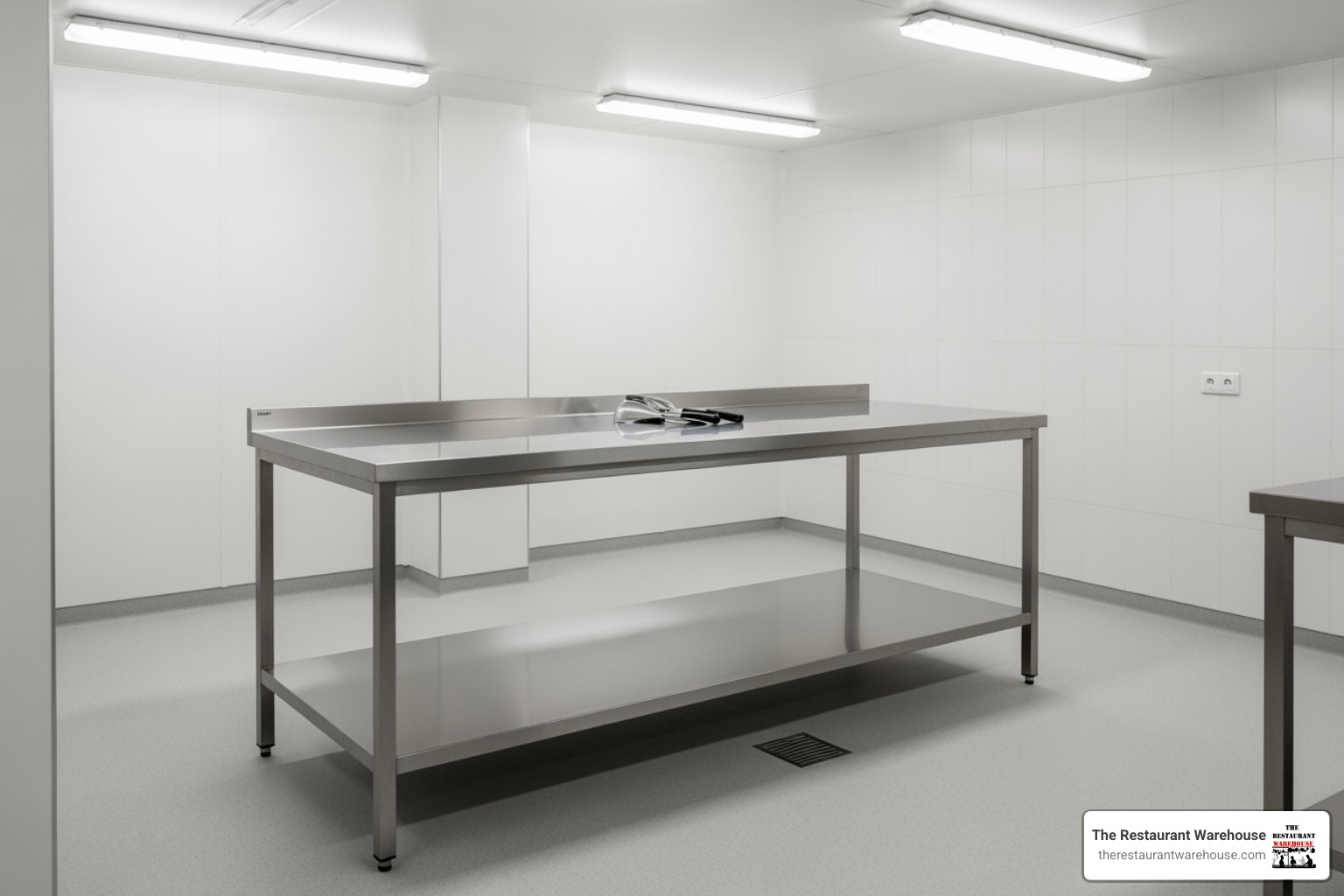 A newly installed stainless steel prep table in a clean, professional kitchen, ready for use. - used restaurant equipment