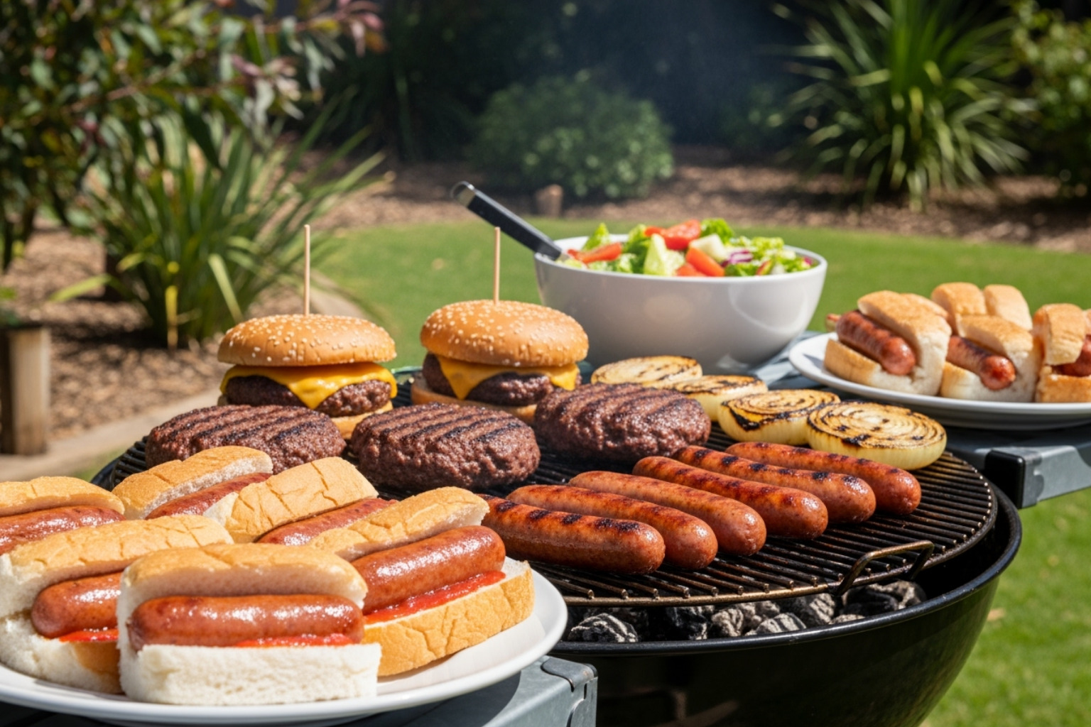 Appetizing spread of classic Aussie BBQ food like sausages in bread and burgers on a grill - pontoon grill ideas Appetizing spread of classic Aussie BBQ food like sausages in bread and burgers on a grill - pontoon grill ideas