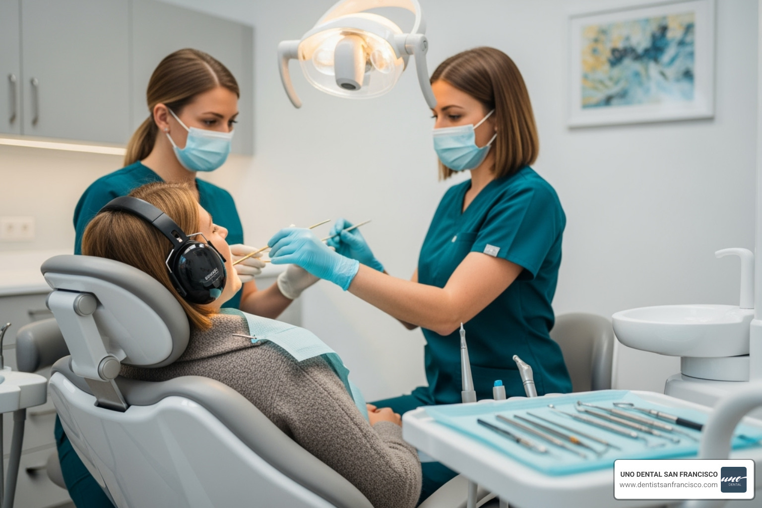 A patient comfortably relaxing during a dental treatment - dental hygienist teeth whitening