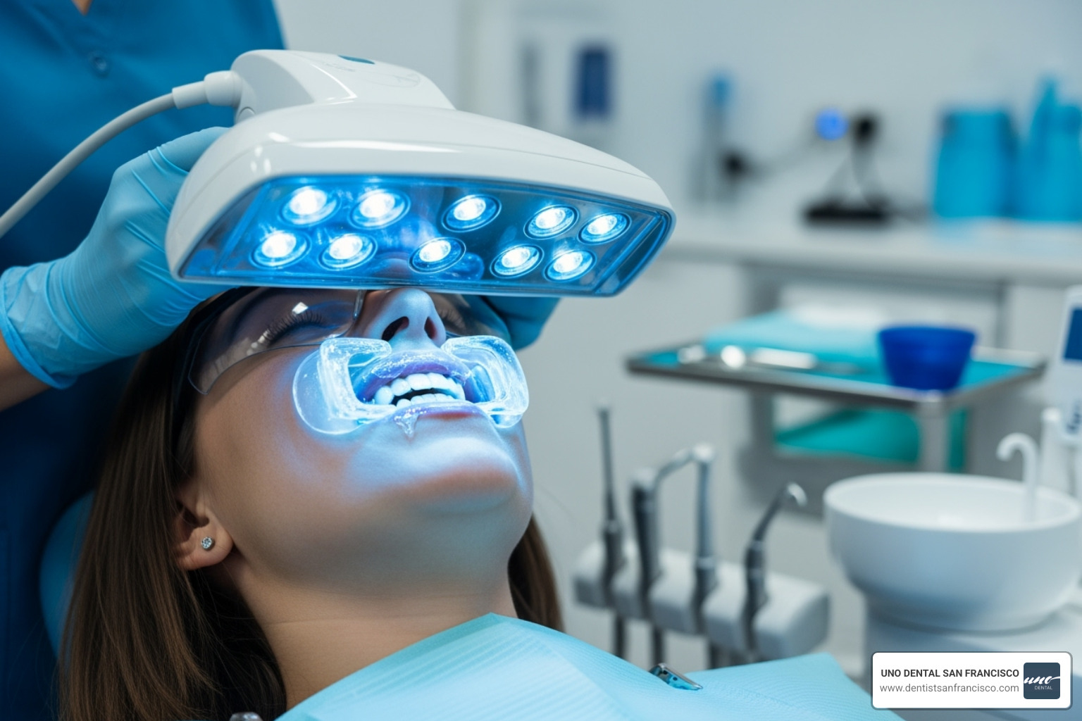 An in-office whitening procedure showing the application of protective gel and an LED light - dental hygienist teeth whitening