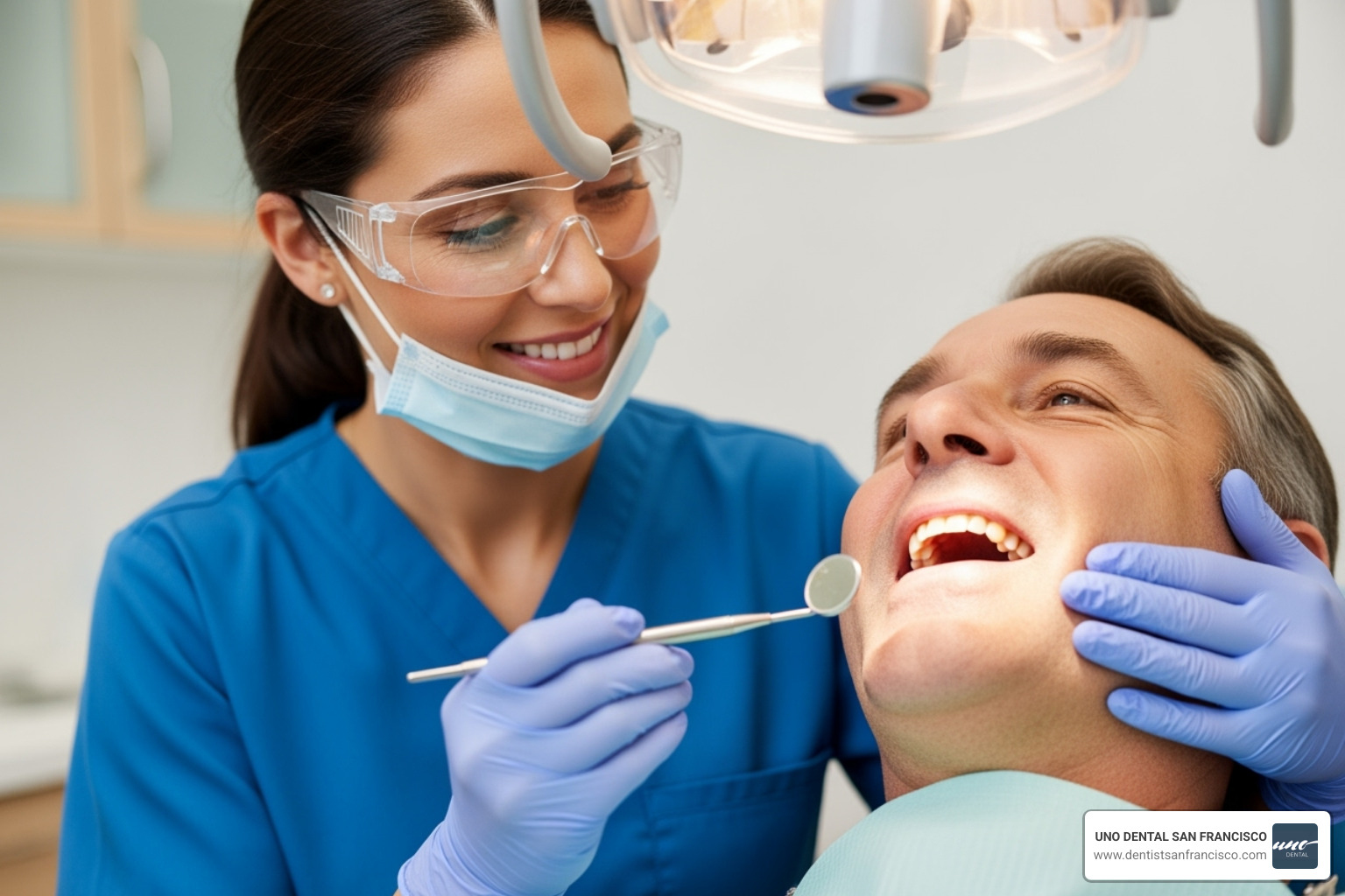A dental hygienist examining a patient's teeth with a dental mirror - dental hygienist teeth whitening