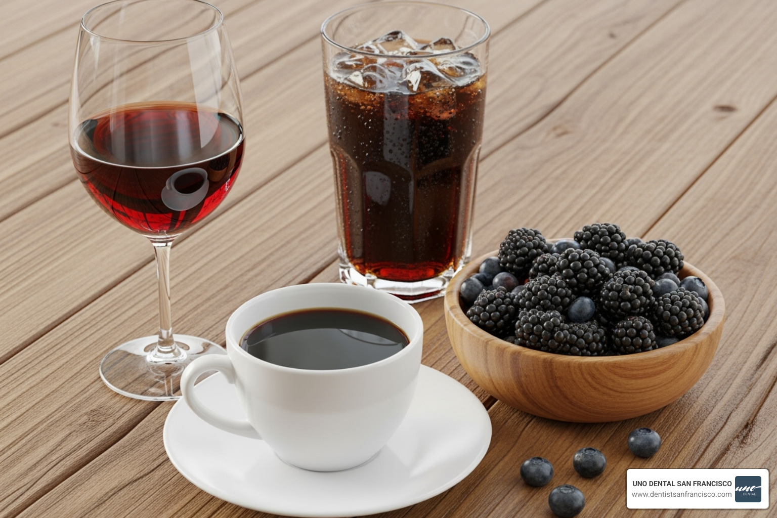 Foods and drinks that stain teeth, such as coffee, red wine, and berries - dental hygienist teeth whitening
