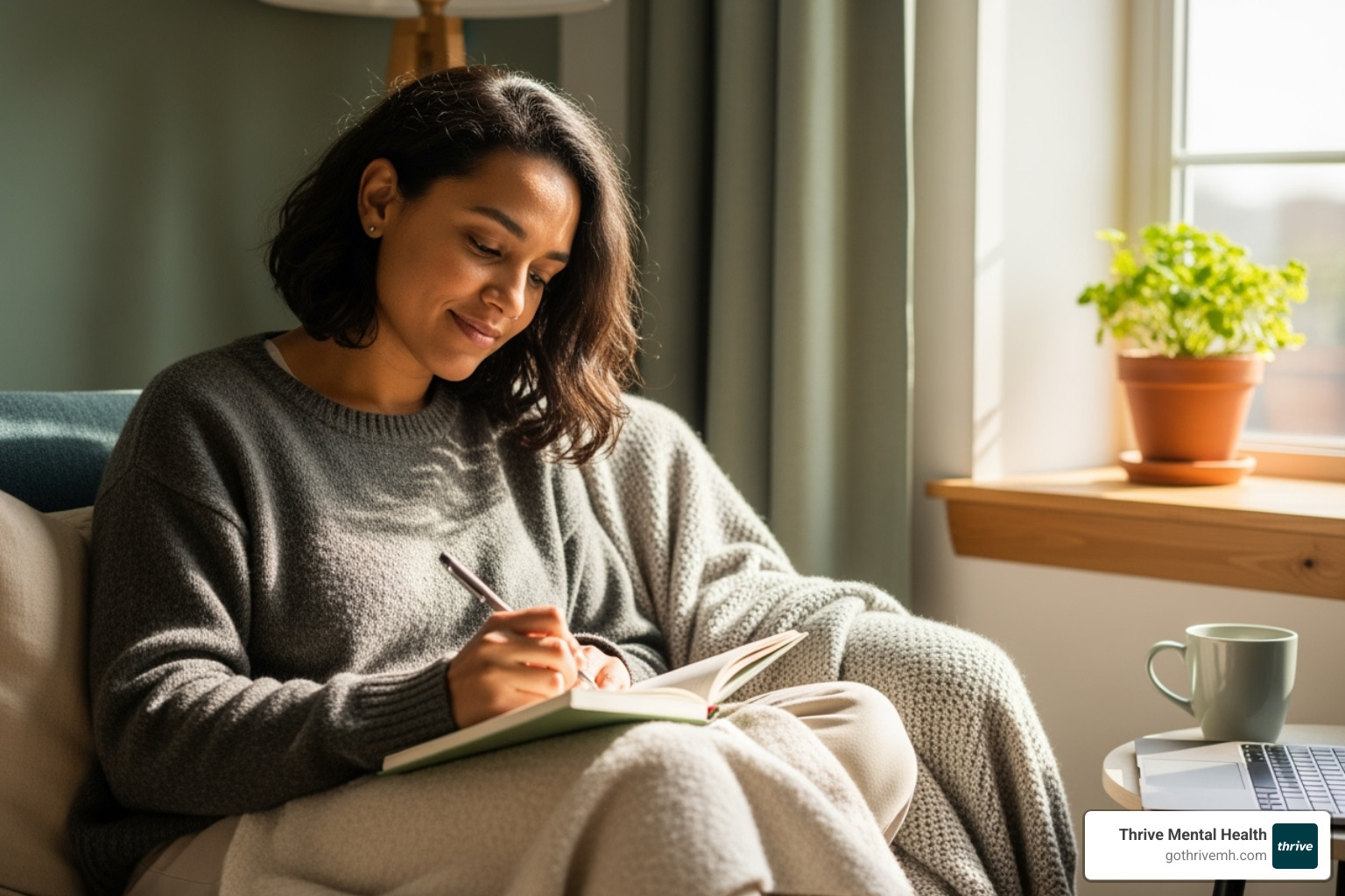 A person journaling thoughtfully in a comfortable, sunlit room after a virtual therapy session, emphasizing calm and reflection - Online intensive outpatient therapy