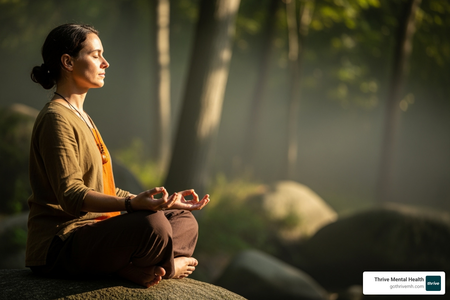A person sitting peacefully in a natural environment, meditating with eyes closed, embodying calm and presence - Mindfulness