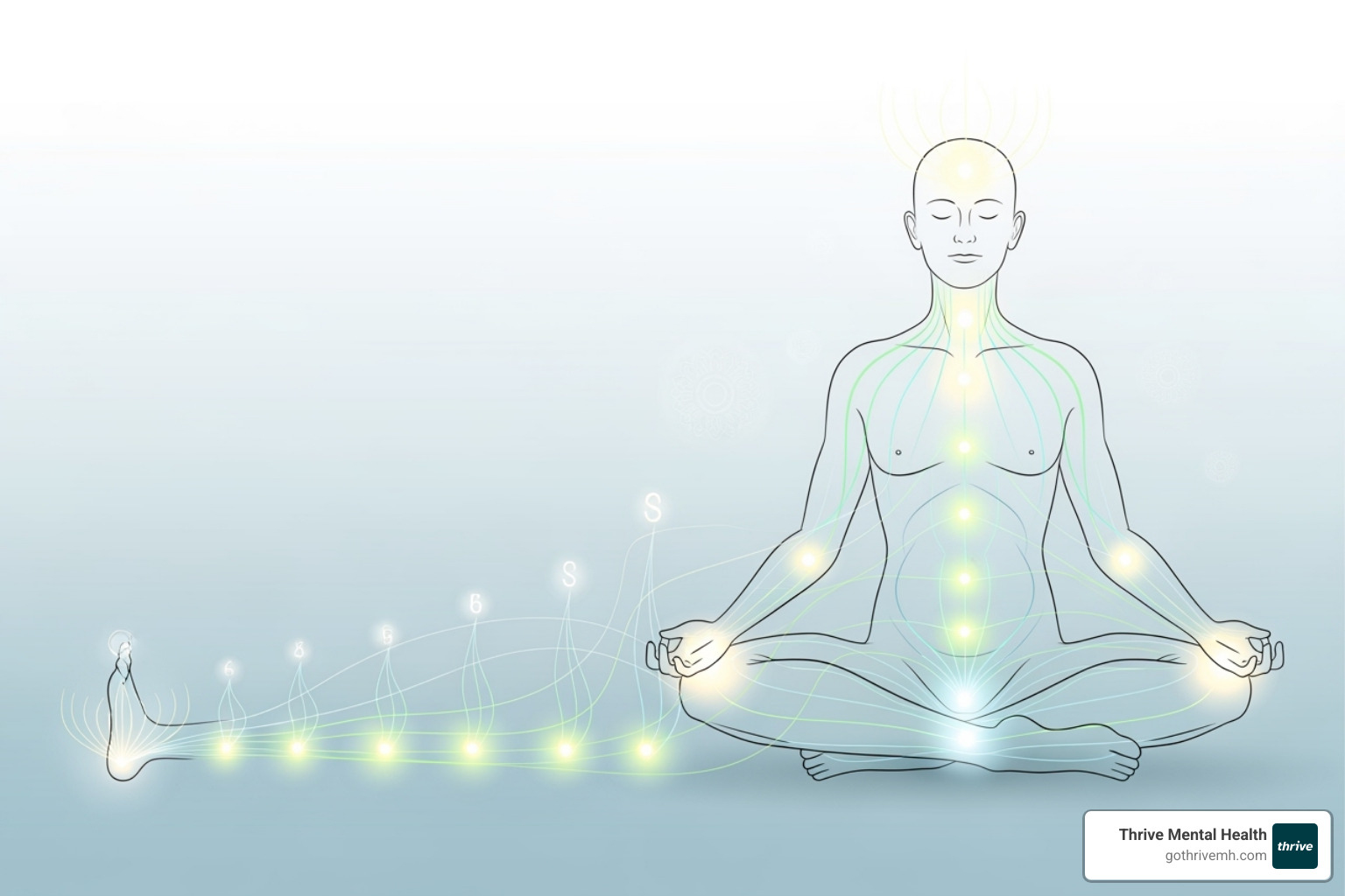 A stylized illustration depicting the progression of a body scan meditation, highlighting different body parts from feet to head with gentle energy flows - Mindfulness