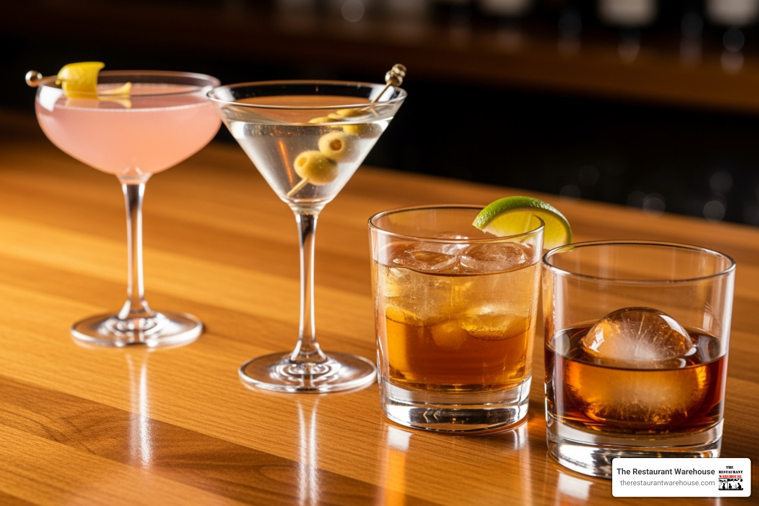 A diverse collection of classic cocktail glasses, including a neat coupe, a sharp martini glass, a tall highball, and a sturdy rocks glass, arranged neatly on a bar top, ready for different drink types. - bar supply store near me