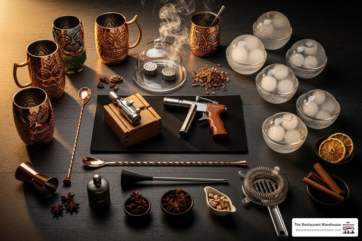 A vibrant display of specialty barware, including eclectic copper tiki mugs, a sophisticated cocktail smoking kit with wood chips, and perfectly clear large spherical ice molds, highlighting unique items for an liftd drink experience. - bar supply store near me