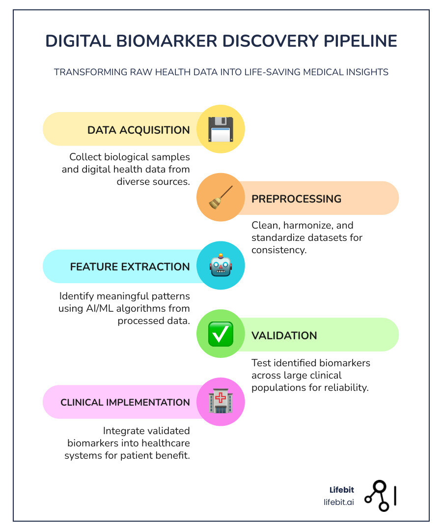 Digital biomarker findy pipeline workflow showing data flow from wearable sensors through preprocessing, feature extraction, AI analysis, validation studies, to clinical implementation with regulatory approval checkpoints - Biomarker findy pipeline infographic infographic-line-5-steps-colors