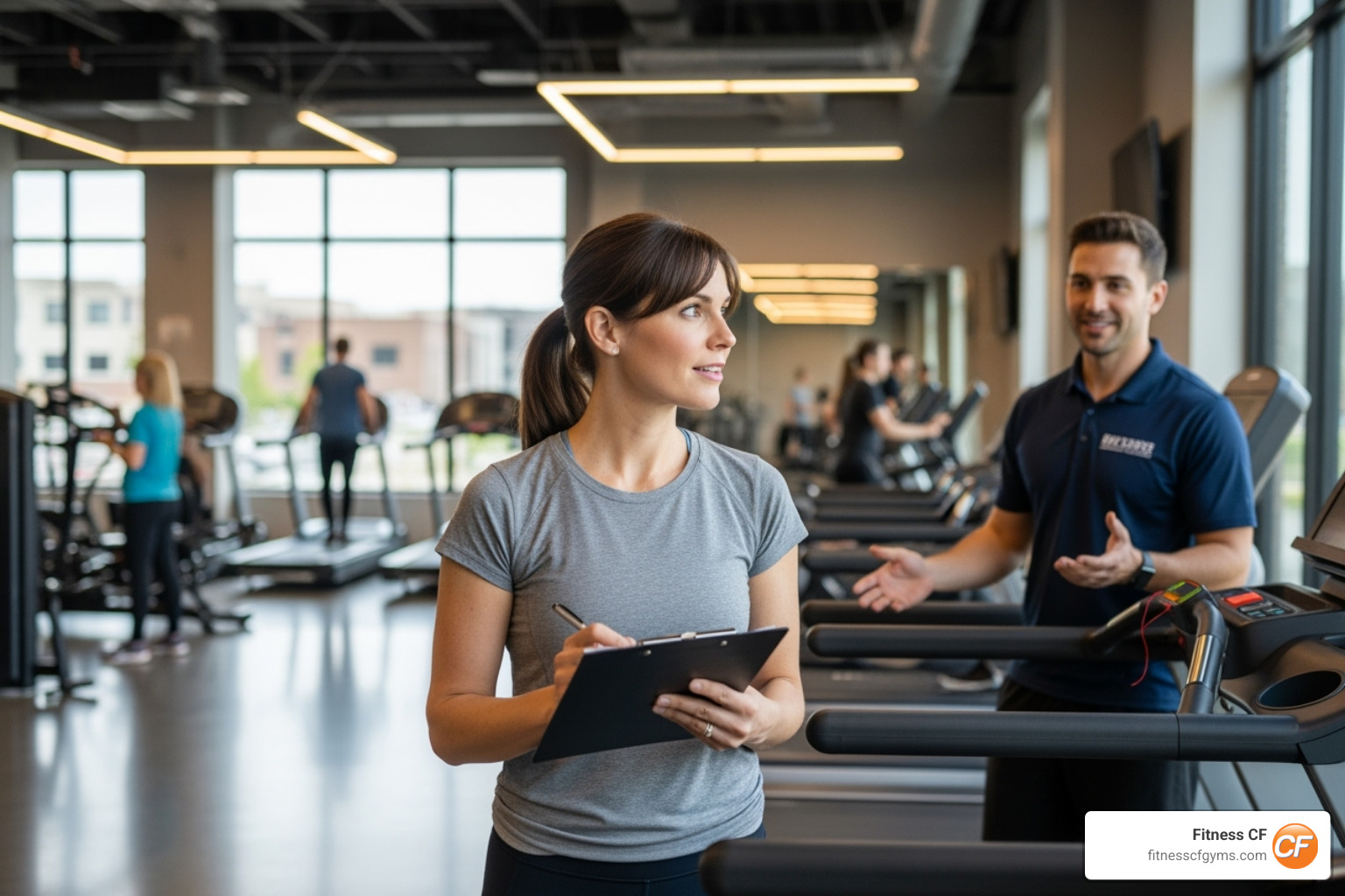 A woman reviewing gym facilities during a tour - gyms near me ladies