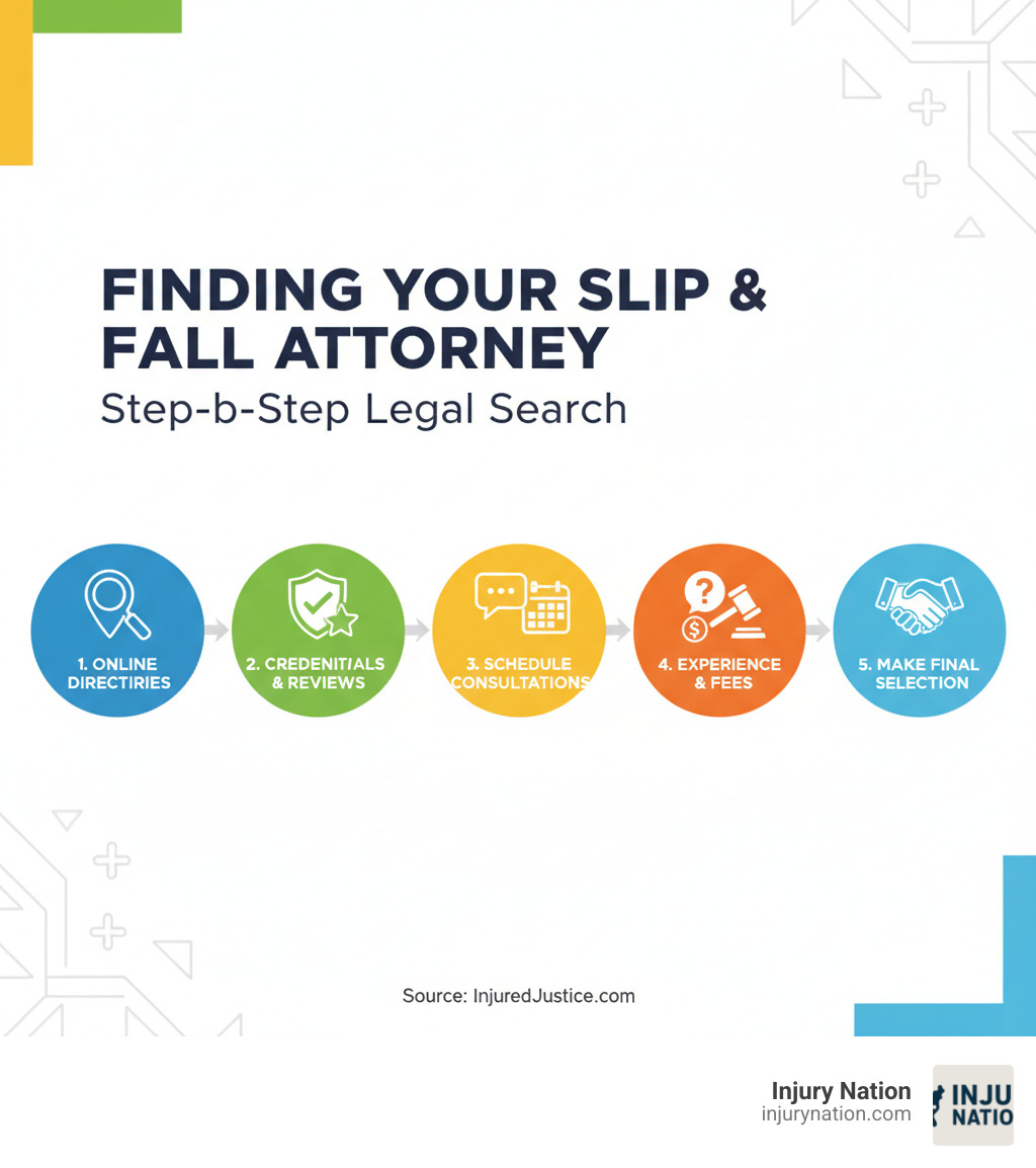 Infographic showing the step-by-step process for finding a slip and fall attorney near you, including searching online directories, checking credentials and reviews, scheduling consultations, asking about experience and fees, and making your final selection - slip and fall injury attorney near me infographic 