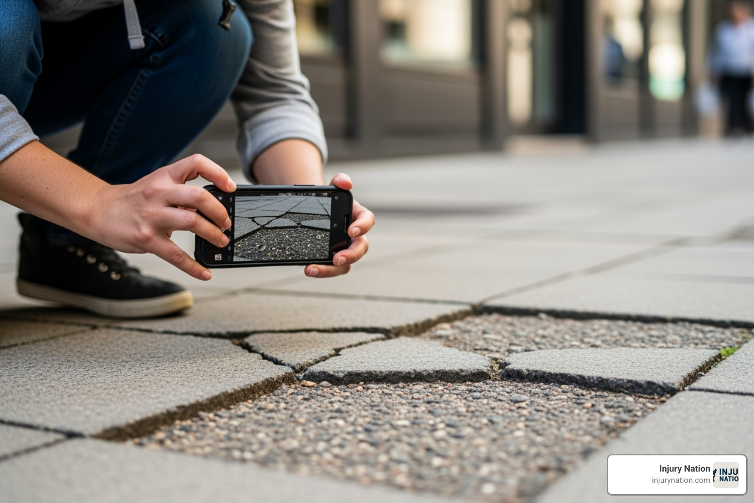 of someone taking a photo of a cracked sidewalk with their smartphone - slip and fall injury attorney near me