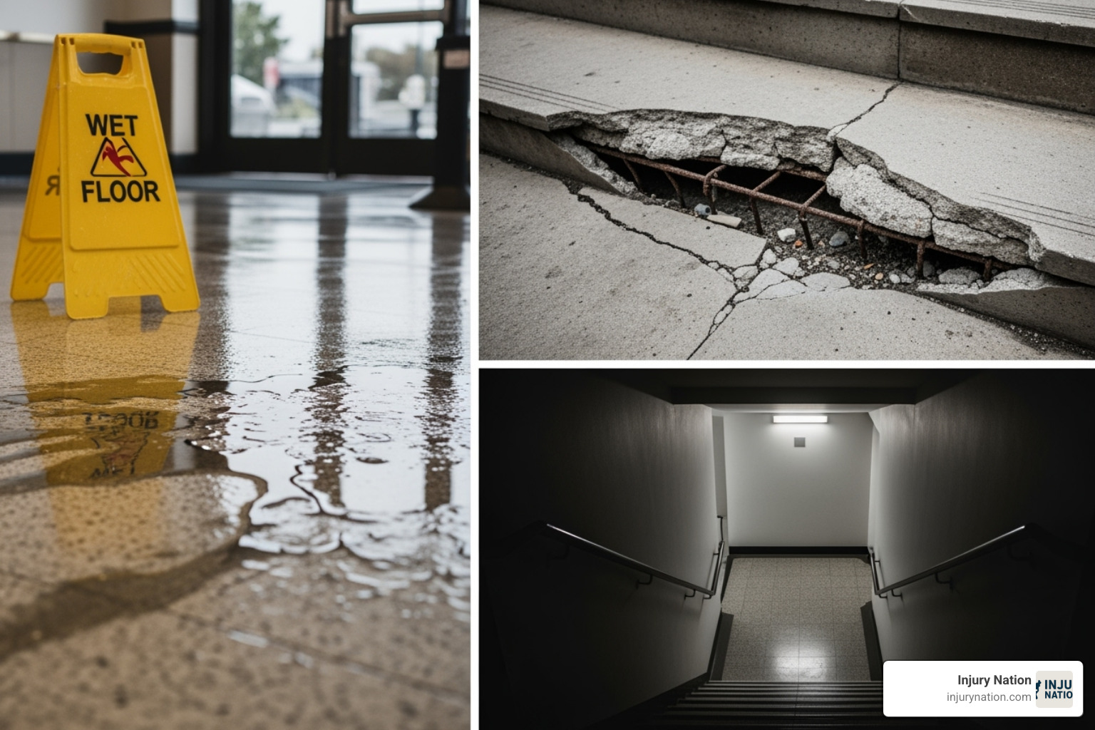 collage of common slip and fall hazards like a wet floor, a broken step, and poor lighting - slip and fall injury attorney near me