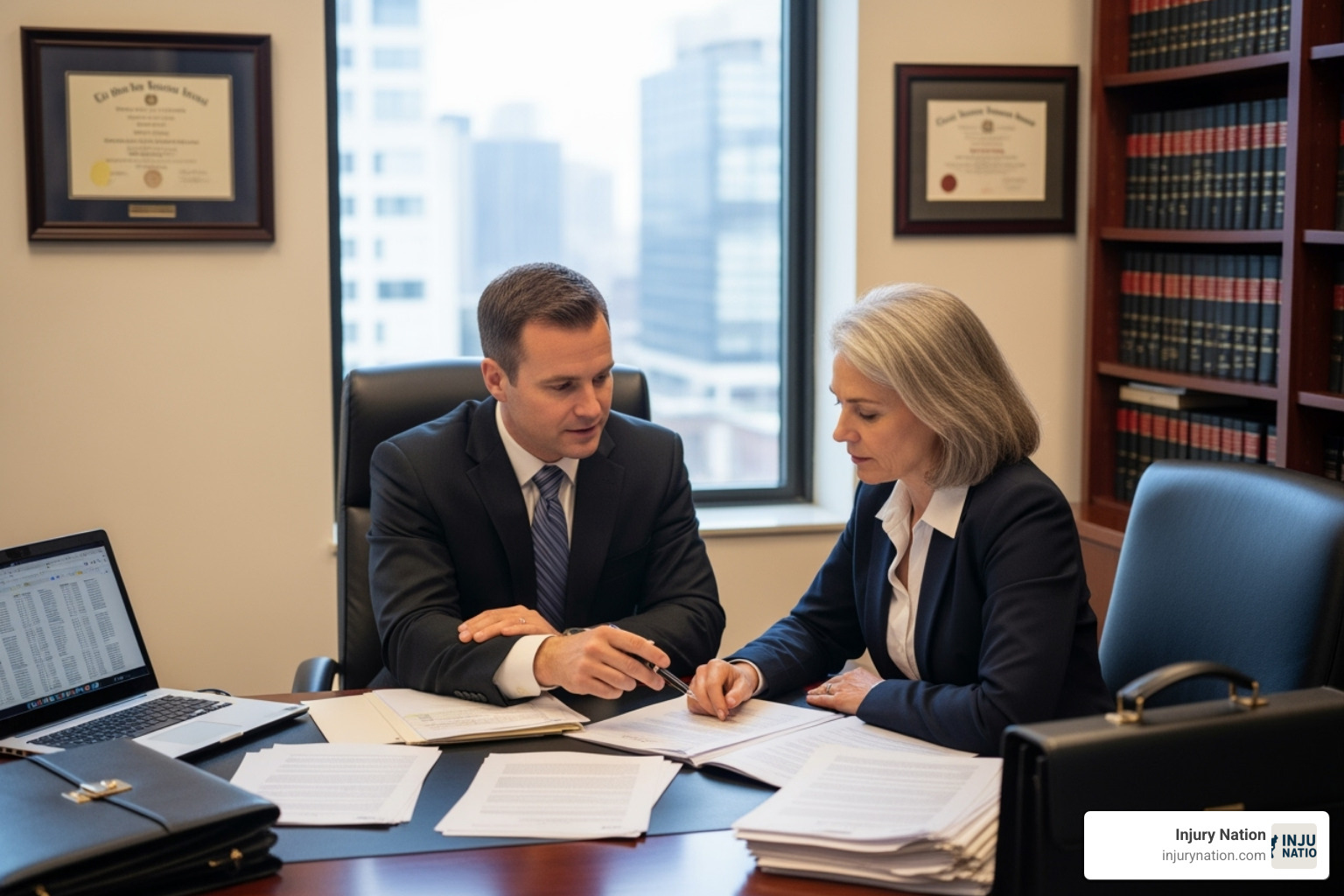 of a lawyer and client reviewing documents in an office - slip and fall injury attorney near me