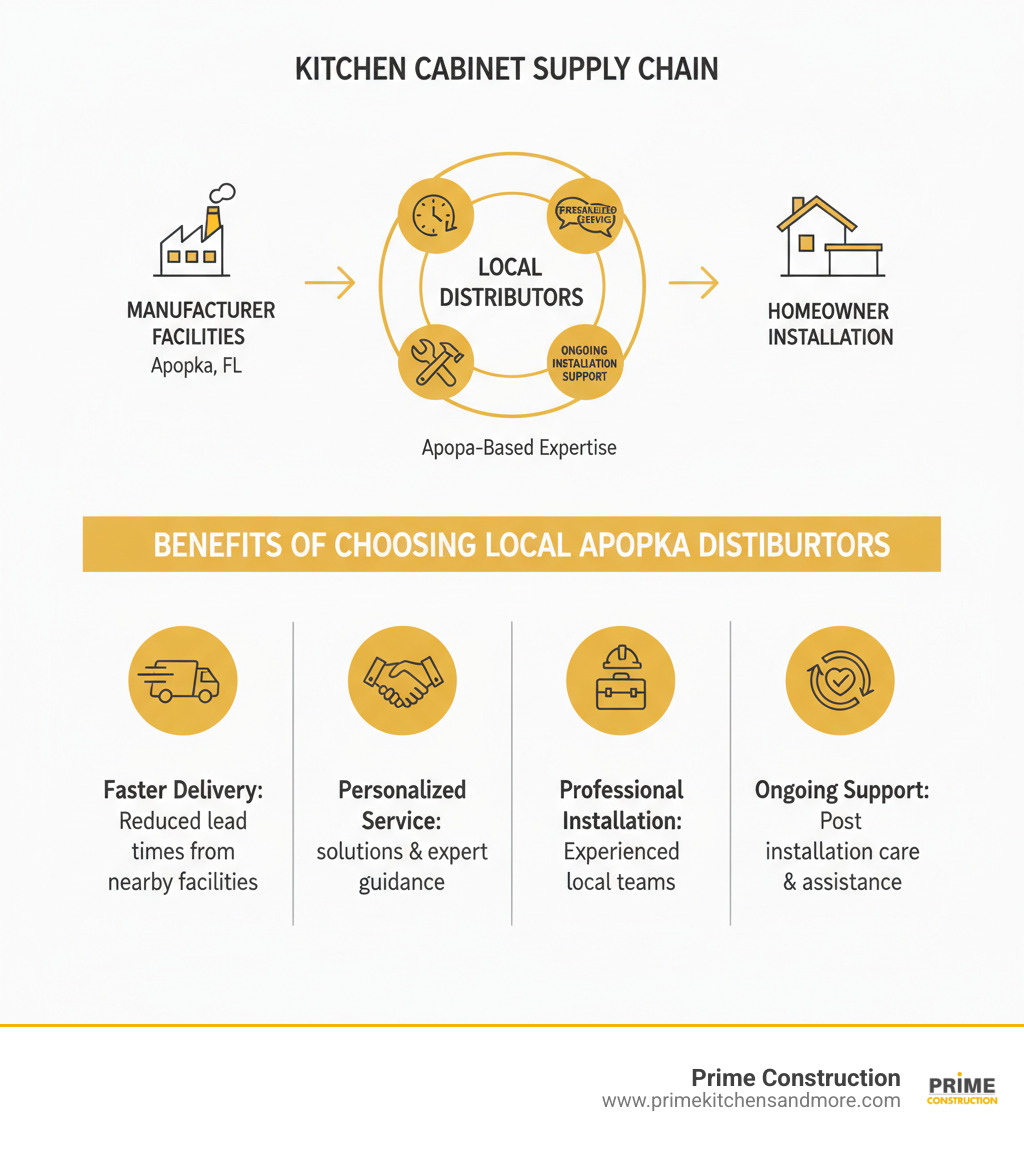 Detailed infographic showing the kitchen cabinet supply chain from manufacturer facilities through local distributors to homeowner installation, highlighting benefits of working with local Apopka distributors including faster delivery, personalized service, professional installation, and ongoing support - kitchen cabinet distributors apopka infographic 