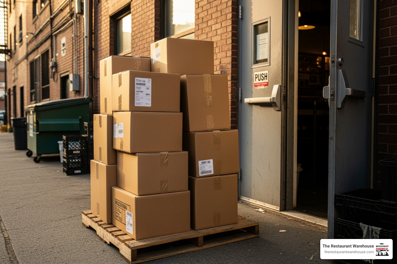 Neatly stacked delivery boxes on a pallet outside a restaurant's back door - restaurant kitchen warehouse