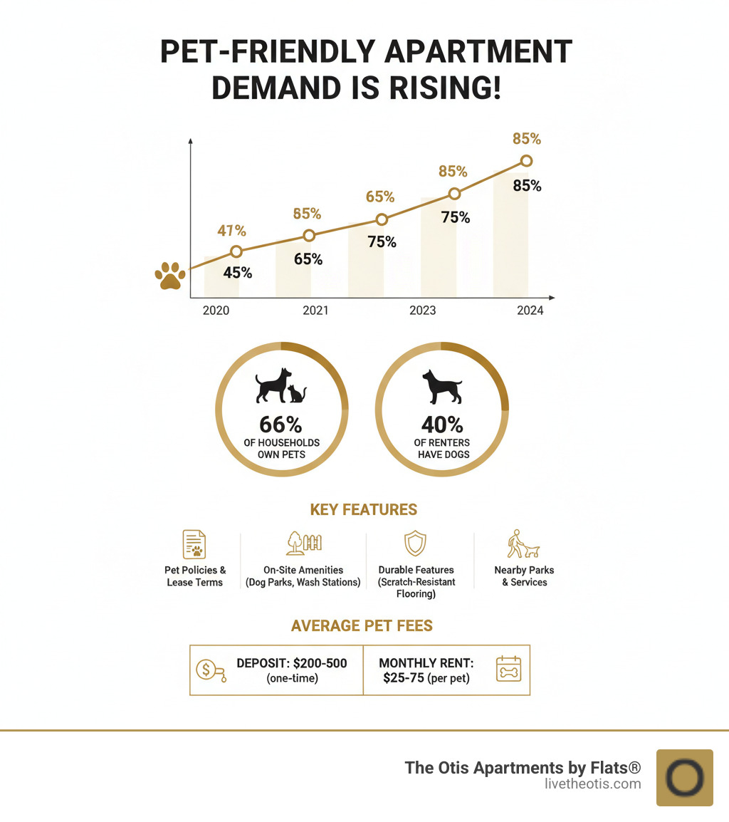 Comprehensive infographic showing the rise in pet-friendly apartment demand from 2020 to 2024, statistics on pet ownership among renters including that 66% of households own pets and 40% of renters have dogs, key features that define dog-friendly apartments such as pet policies and amenities, and average pet fees including deposits and monthly rent ranges - Dog friendly apartments infographic 