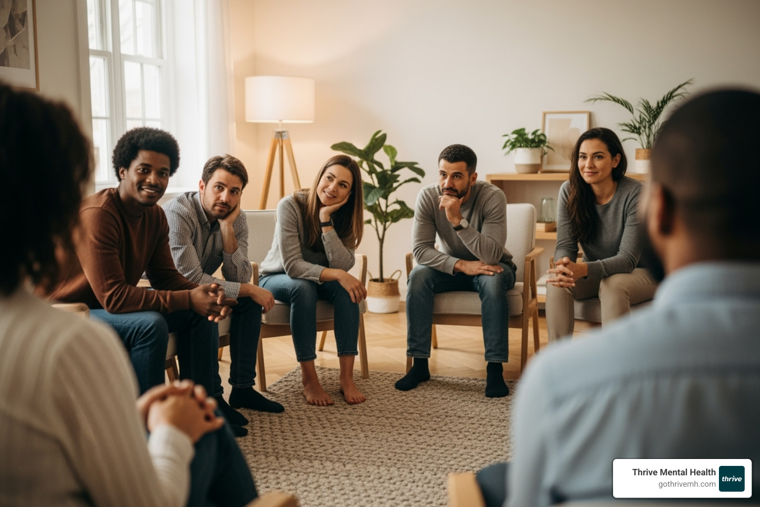 A diverse group of people engaged in a therapy session, showing mutual support and active listening in a warm, inviting environment - iop treatment