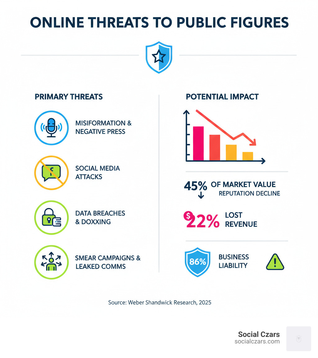 Infographic showing the primary online threats faced by VIPs including misinformation campaigns, negative press coverage, social media attacks, data breaches exposing personal information, coordinated smear campaigns, leaked private communications, and hostile media coverage with statistics on their potential impact on reputation and revenue - vip reputation management services infographic 