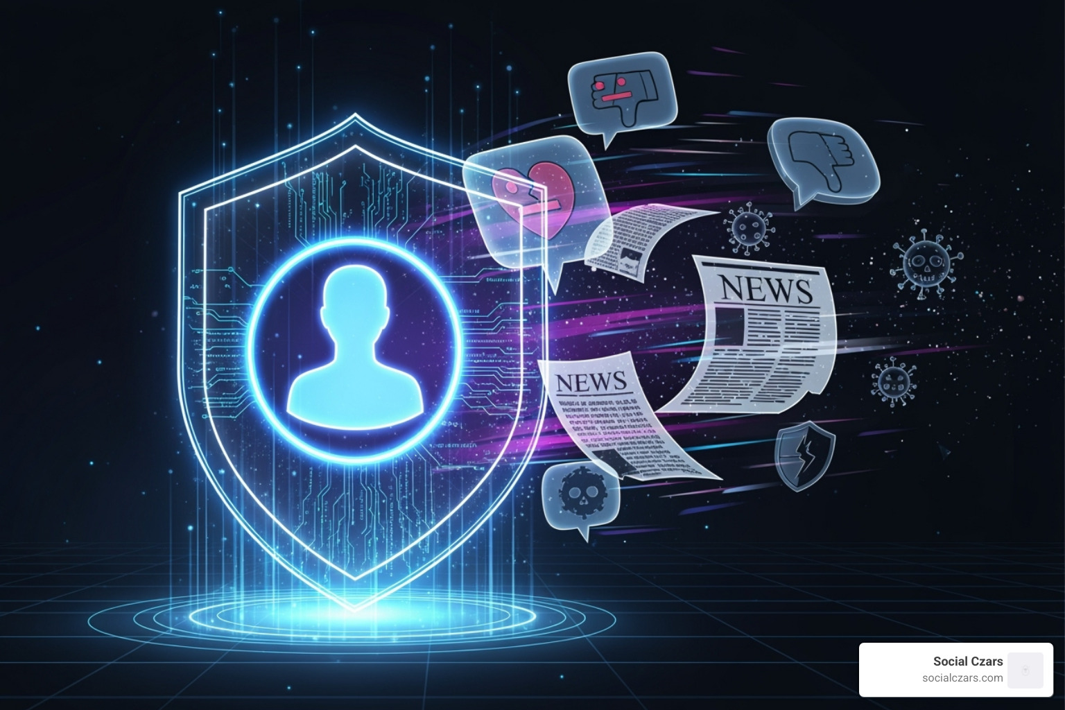A stylized digital shield with a person's name at its center, deflecting various digital threats like negative comments, false articles, and malware symbols - vip reputation management services
