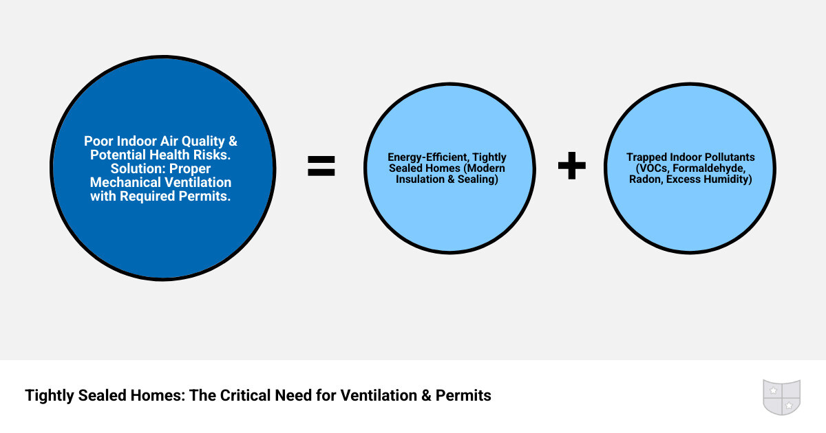 Infographic showing how modern energy-efficient homes with improved insulation and sealing trap indoor pollutants like formaldehyde, radon, and VOCs, requiring proper mechanical ventilation systems with permits to ensure safe air exchange and compliance with Houston building codes - residential ventilation houston infographic sum_of_parts