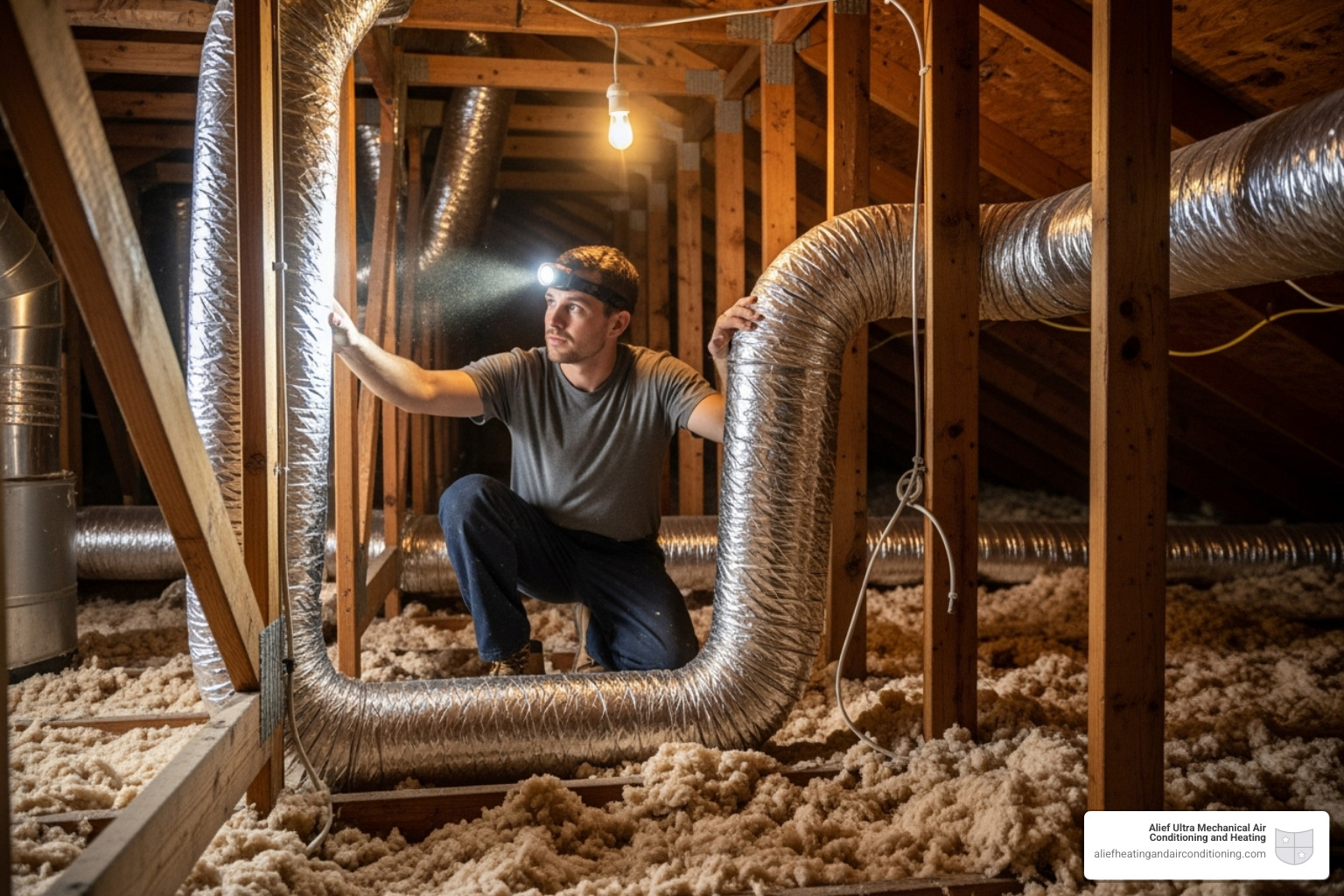 Alief Ultra Mechanical HVAC technician inspecting ductwork in a residential attic - residential ventilation houston