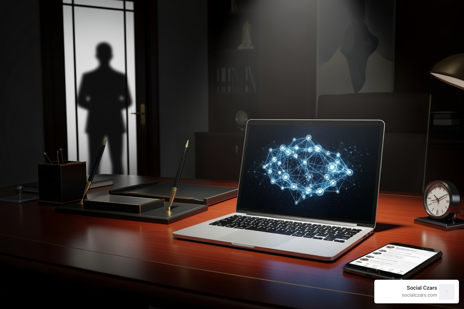 A person stands confidently in front of a digital whiteboard, on which a complex network of interconnected nodes and lines represents a strategic brand plan, with keywords like "Legacy," "Trust," "Influence," and "Privacy" highlighted - vip reputation management services