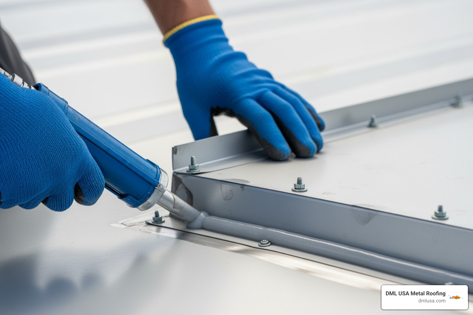 Image of a person applying sealant to a metal roof patch after it has been secured with screws - residential metal roof repair