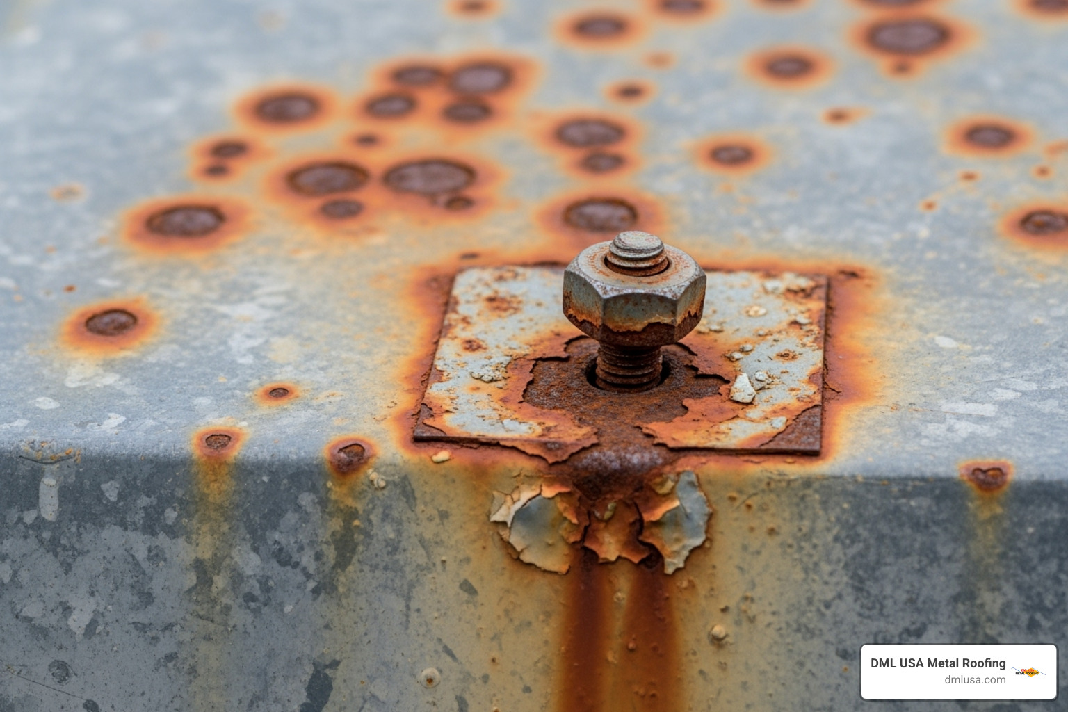 Close-up image of rust spots and a loose fastener on a metal roof panel - residential metal roof repair