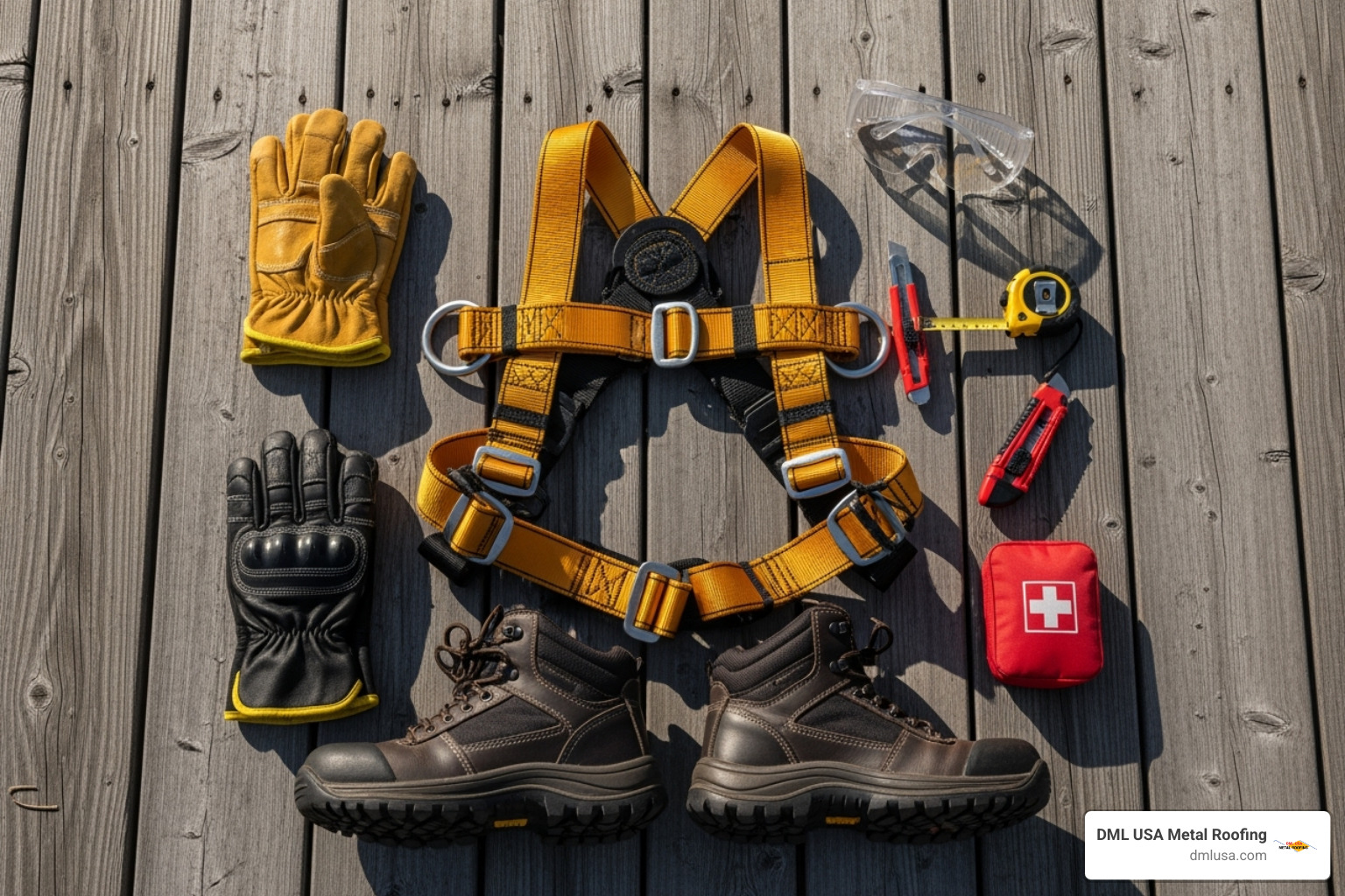 Image of essential safety gear for roofing work, including a harness, gloves, non-slip shoes, and eye protection - residential metal roof repair