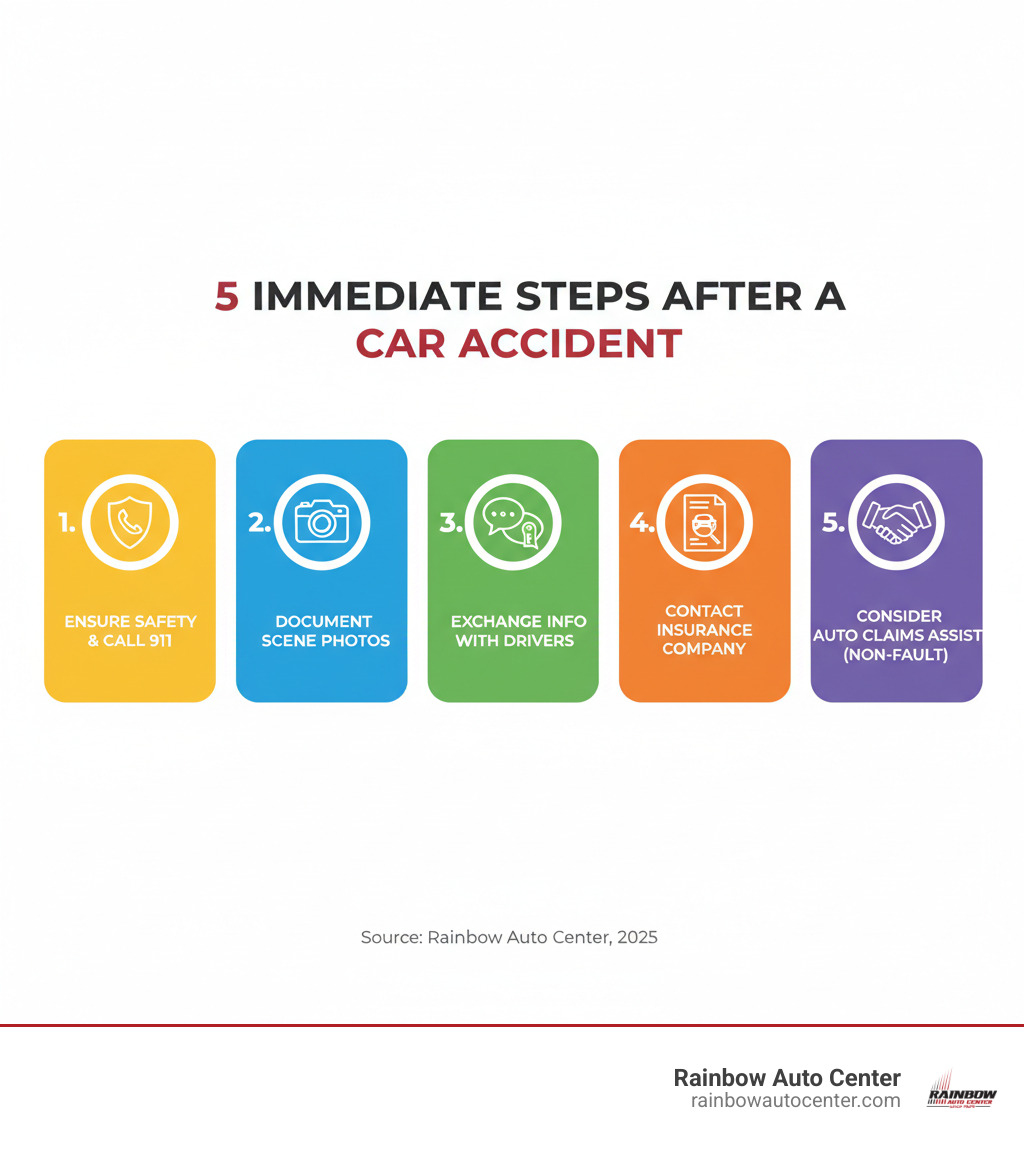 Infographic showing the 5 immediate steps after a car accident: 1. Ensure safety and call 911 if needed, 2. Document the scene with photos, 3. Exchange information with other drivers, 4. Contact your insurance company, 5. Consider auto claims assist for non-fault accidents - auto claims assist infographic 