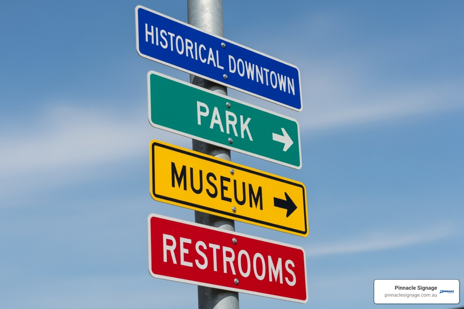 Directional post with four signs: blue for Historical Downtown, green for Park, yellow for Museum, and red for Restrooms - informational signs Directional post with four signs: blue for Historical Downtown, green for Park, yellow for Museum, and red for Restrooms - informational signs