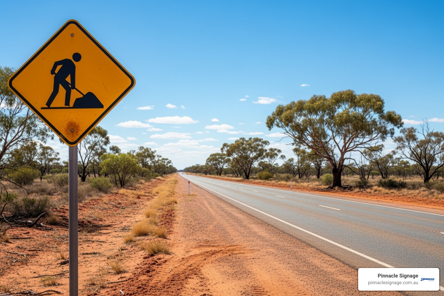 Yellow diamond-shaped warning sign for construction with worker shoveling, indicating road work ahead in a rural, open landscape. Yellow diamond-shaped warning sign for construction with worker shoveling, indicating road work ahead in a rural, open landscape.