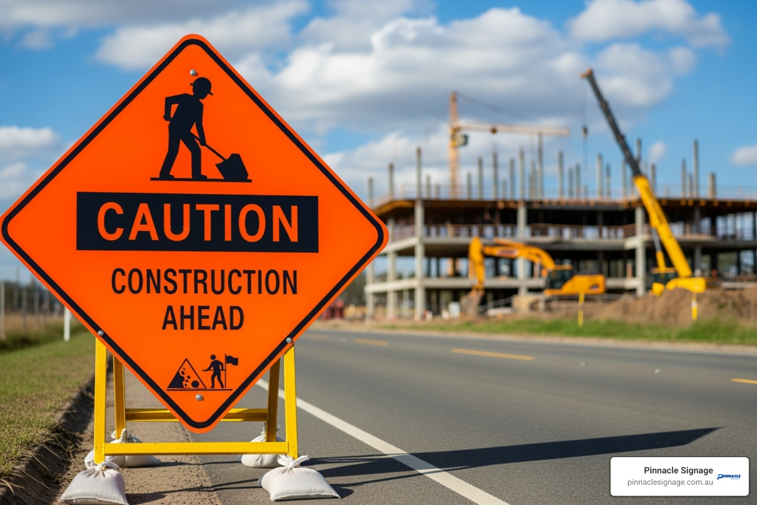 Temporary construction caution sign alerting drivers to the worksite. Essential warning signs for road and worker safety - warning signs for construction Temporary construction caution sign alerting drivers to the worksite. Essential warning signs for road and worker safety - warning signs for construction