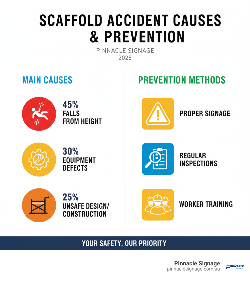 Infographic on scaffold safety: Major causes include Falls (45%) and Unsafe Design (25%); prevention includes Proper Signage and inspections. Infographic on scaffold safety: Major causes include Falls (45%) and Unsafe Design (25%); prevention includes Proper Signage and inspections.