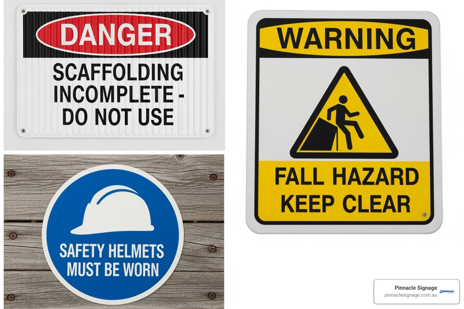Scaffold safety signs collage: Danger (Scaffolding Incomplete), Warning (Fall Hazard Keep Clear), and Mandatory (Safety Helmets Must Be Worn). Scaffold safety signs collage: Danger (Scaffolding Incomplete), Warning (Fall Hazard Keep Clear), and Mandatory (Safety Helmets Must Be Worn).