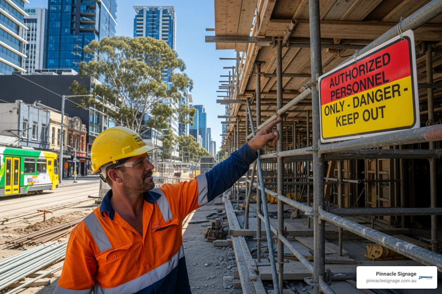 A construction worker pointing to a scaffold safety sign that reads 'Scaffolders Only' on a busy Australian construction site - scaffold safety signs A construction worker pointing to a scaffold safety sign that reads 'Scaffolders Only' on a busy Australian construction site - scaffold safety signs