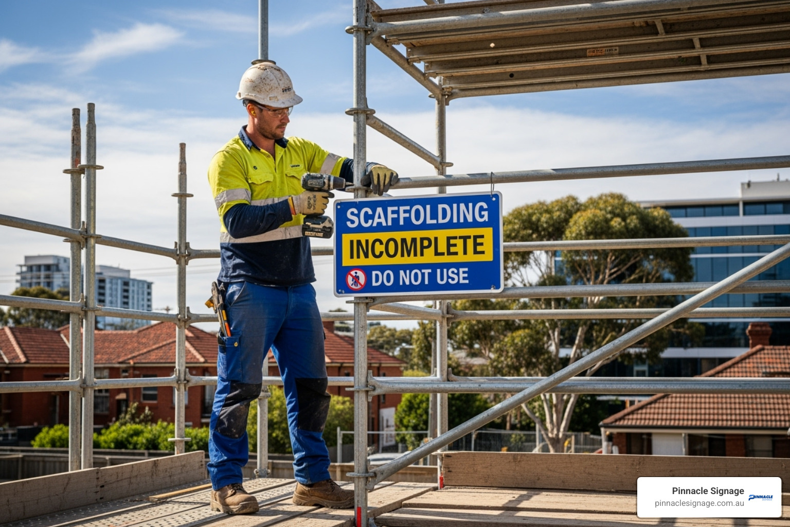 A worker installing a scaffold safety sign with the Pinnacle Signage logo prominently displayed in an Australian setting - scaffold safety signs A worker installing a scaffold safety sign with the Pinnacle Signage logo prominently displayed in an Australian setting - scaffold safety signs