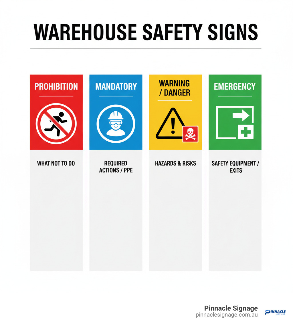 Infographic categorising warehouse safety signs: Prohibition (red), Mandatory (blue), Warning/Danger (yellow), and Emergency (green). Infographic categorising warehouse safety signs: Prohibition (red), Mandatory (blue), Warning/Danger (yellow), and Emergency (green).