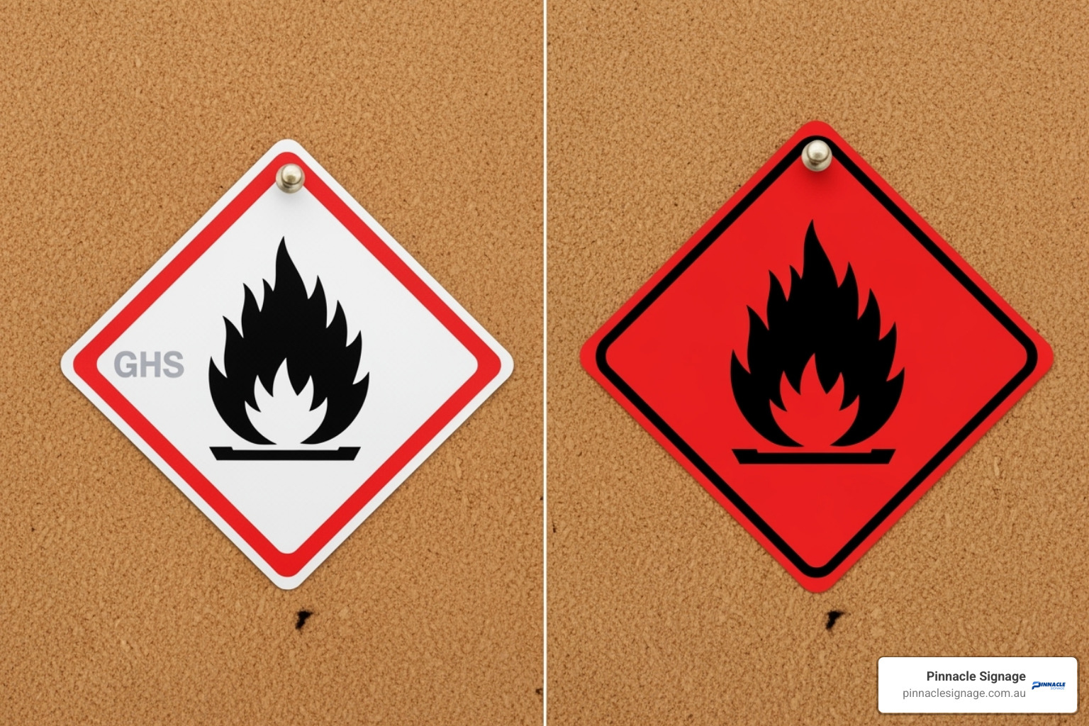 Comparison of two hazard label symbols for flammable materials: the GHS white diamond and the TDG solid red diamond placard. Comparison of two hazard label symbols for flammable materials: the GHS white diamond and the TDG solid red diamond placard.