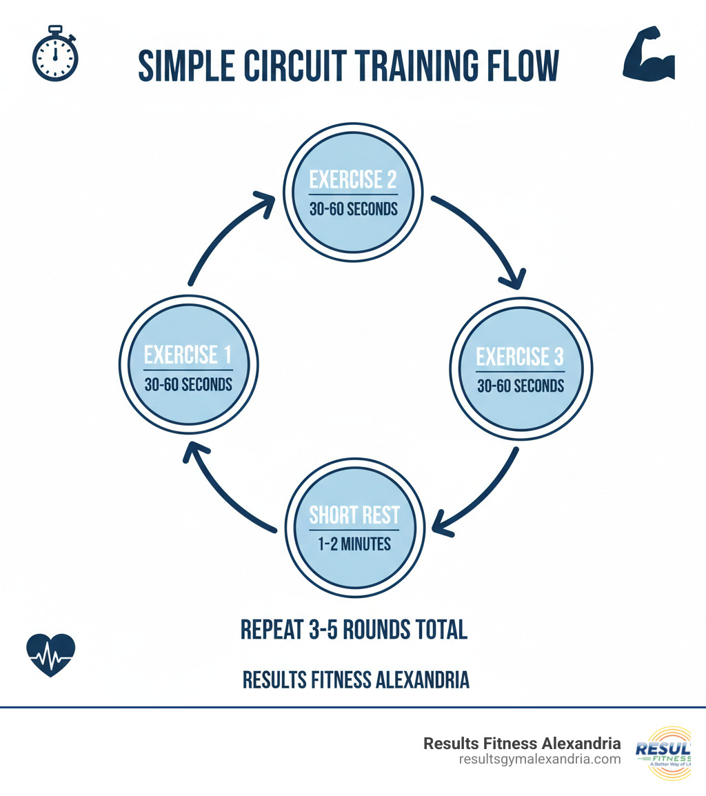 Infographic showing a simple circuit training flow: Exercise 1 (30-60 seconds) leads to Exercise 2 (30-60 seconds), then Exercise 3 (30-60 seconds), followed by a short rest period (1-2 minutes), then the cycle repeats for 3-5 rounds total - Circuit training cardio infographic Infographic showing a simple circuit training flow: Exercise 1 (30-60 seconds) leads to Exercise 2 (30-60 seconds), then Exercise 3 (30-60 seconds), followed by a short rest period (1-2 minutes), then the cycle repeats for 3-5 rounds total - Circuit training cardio infographic