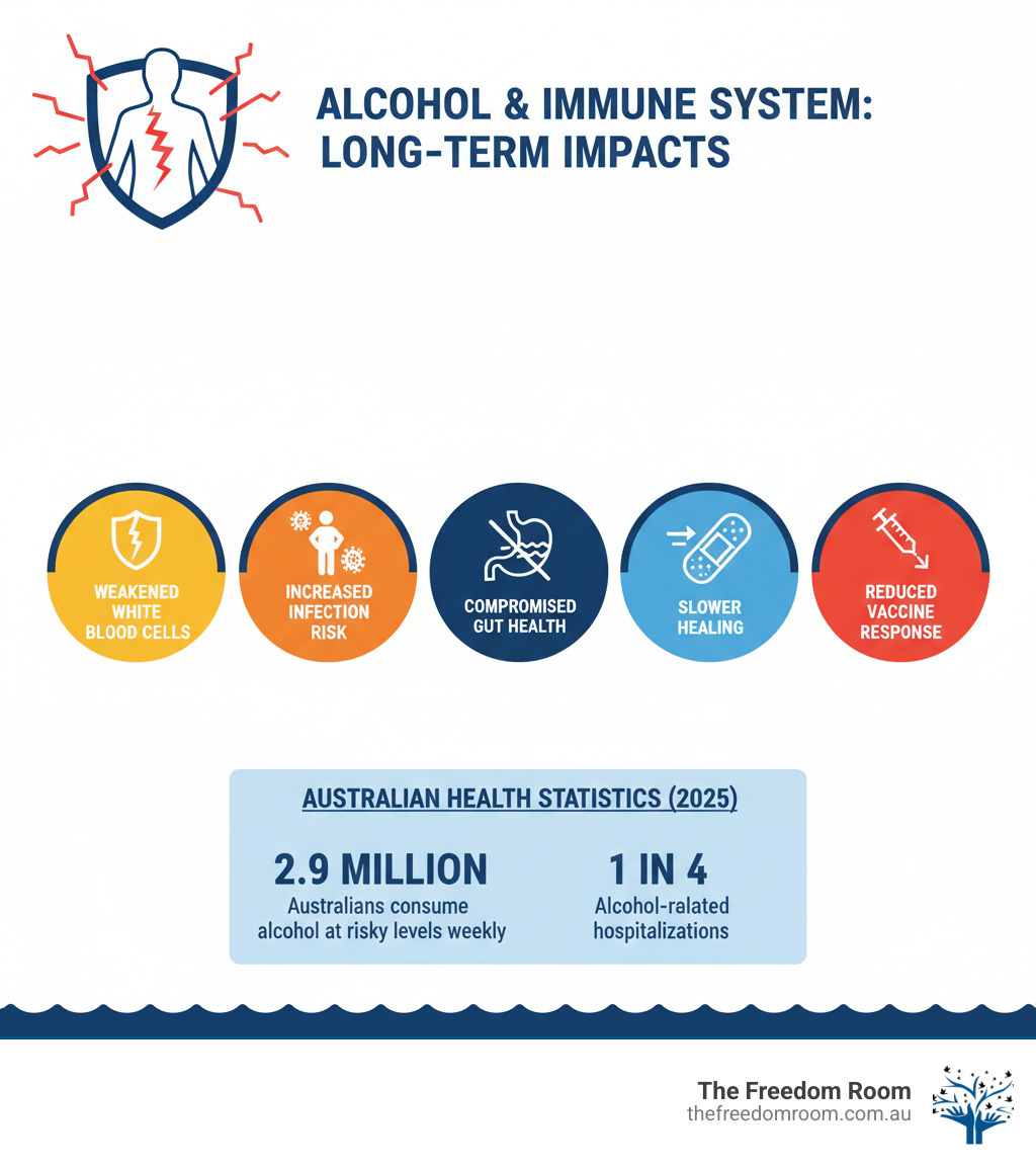 Infographic detailing the negative long term effects on the immune system caused by alcohol, including compromised gut health and increased infection risk. Infographic detailing the negative long term effects on the immune system caused by alcohol, including compromised gut health and increased infection risk.