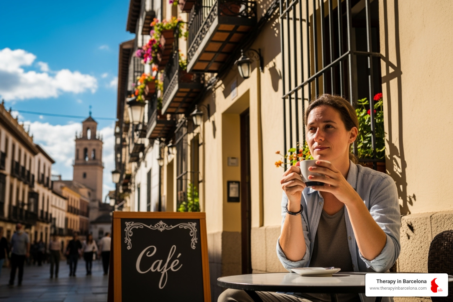 person looking thoughtful while sitting in a cafe in a Spanish city like Barcelona or Málaga - CBT for work stress