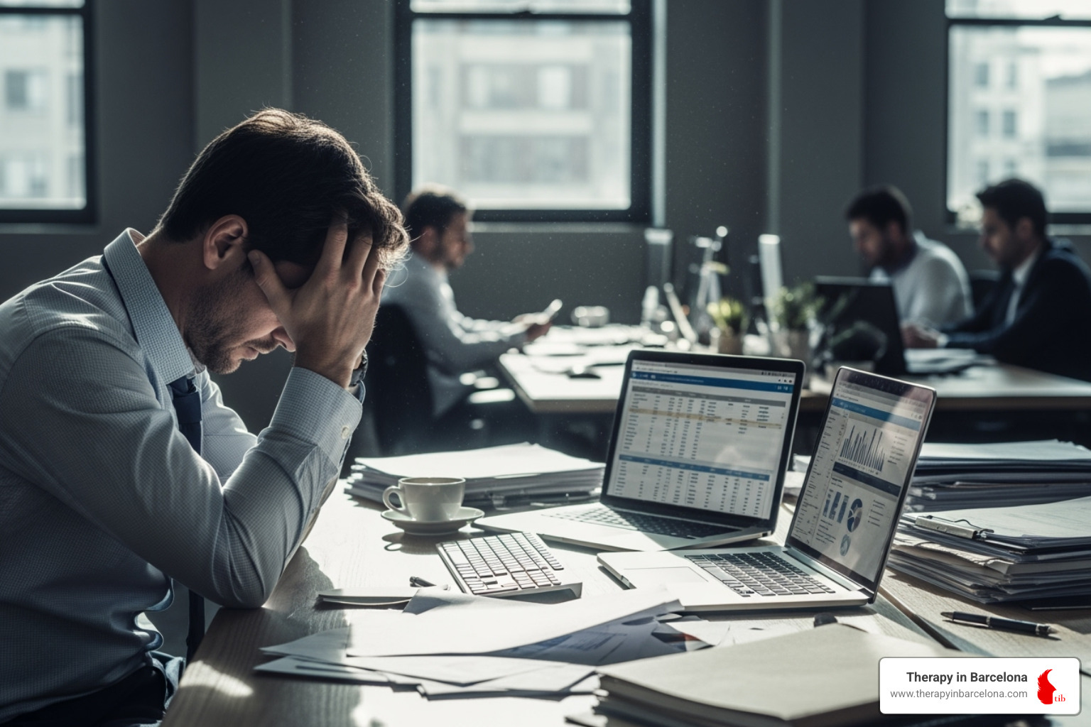 stressed professional at desk - CBT for work stress