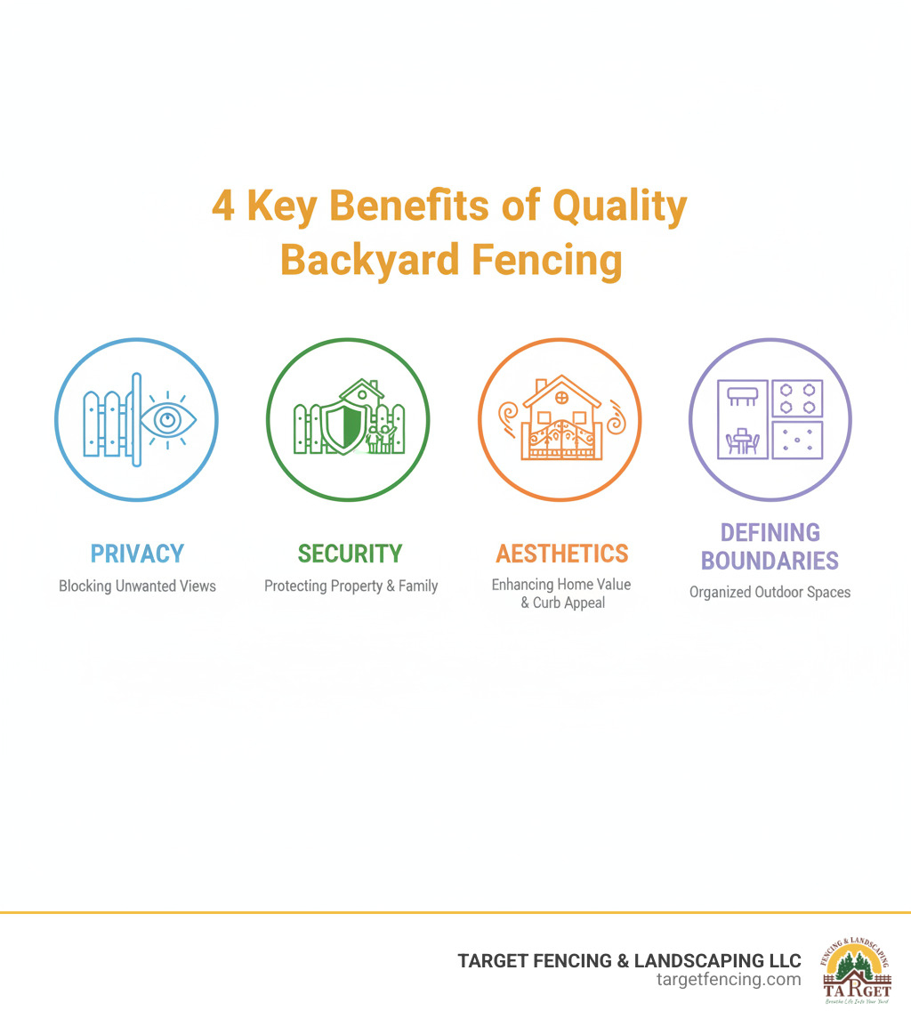 Infographic showing the four key benefits of quality backyard fencing: Privacy (blocking unwanted views), Security (protecting property and family), Aesthetics (enhancing home value and curb appeal), and Defining Boundaries (creating organized outdoor spaces) - backyard fence ideas infographic 