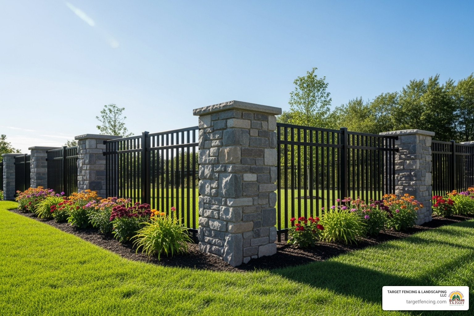 neat aluminum fence with stone pillars - backyard fence ideas